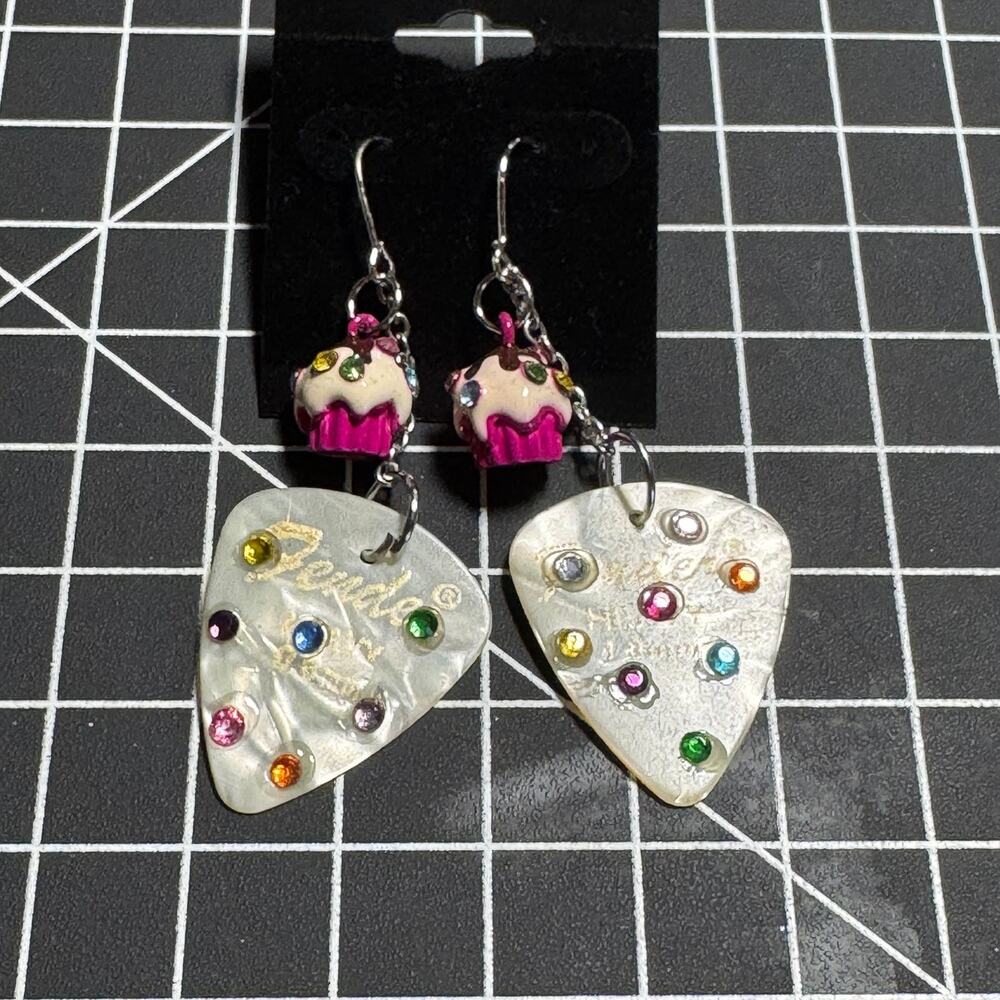 Handmade Fender Guitar Pick Cupcake Earrings Pearl Rhinestone Dangle Kawaii - Picture 2 of 7